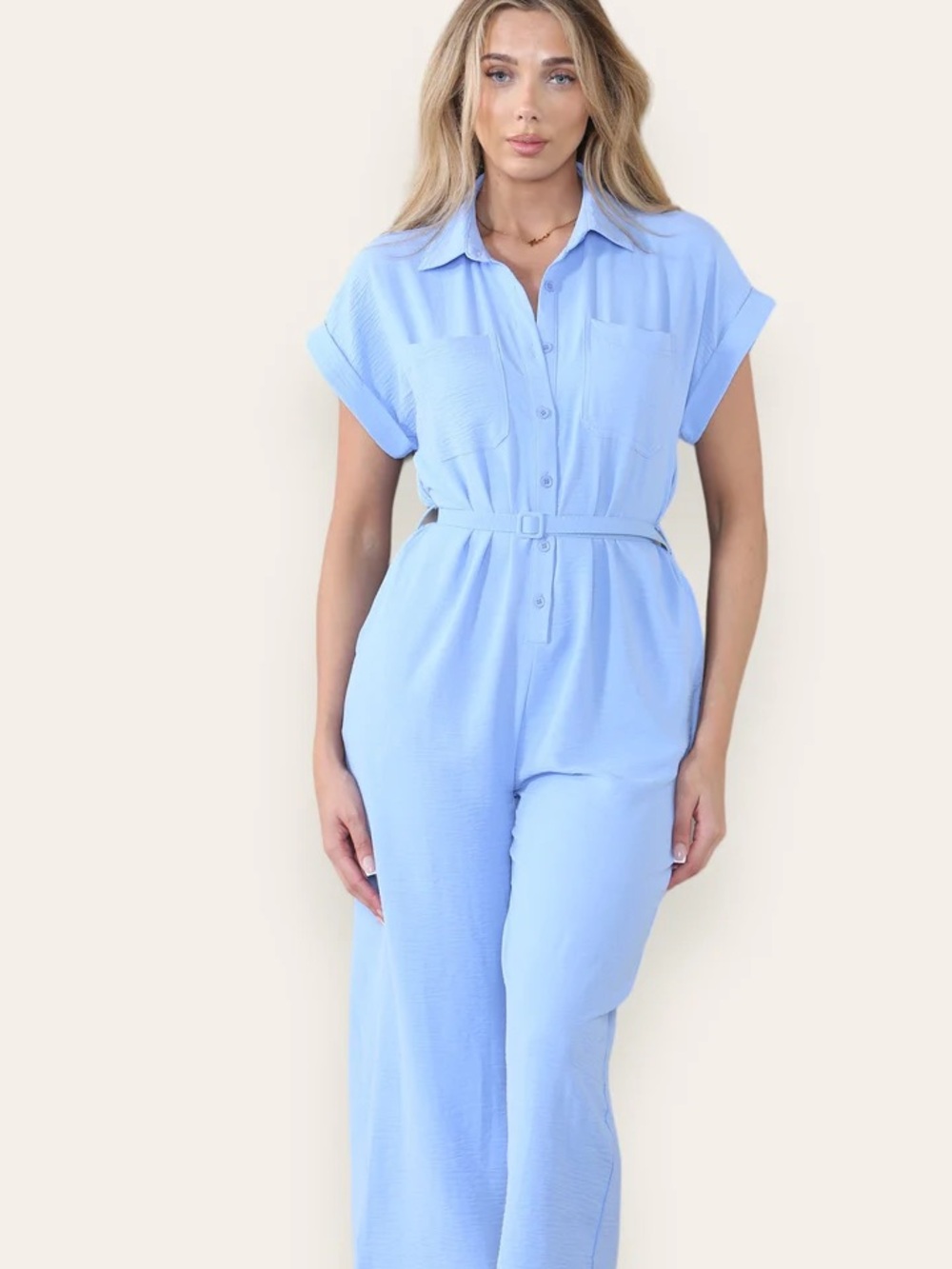 Belted Short-Sleeve Light Blue Jumpsuit
